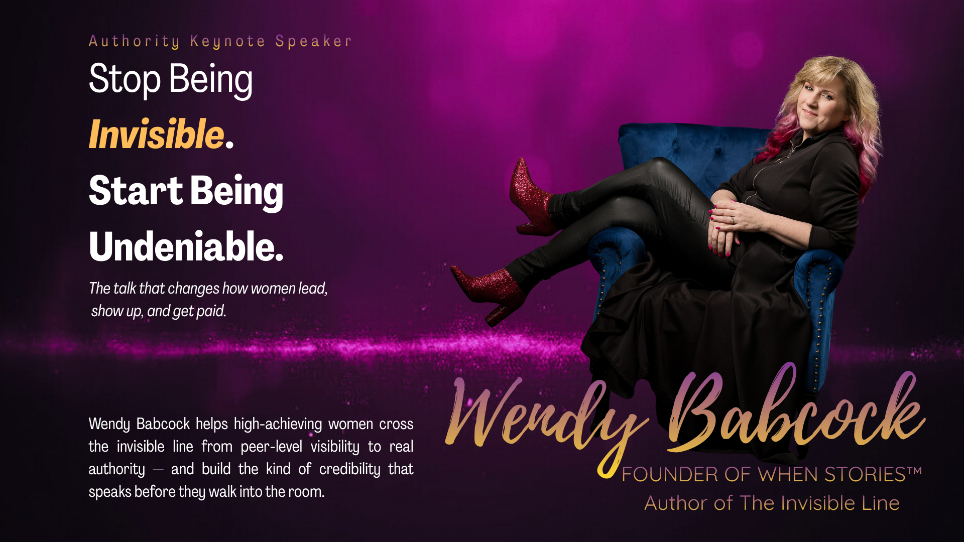 Header image with text and a photo of Wendy in the blue WHEN Stories chair